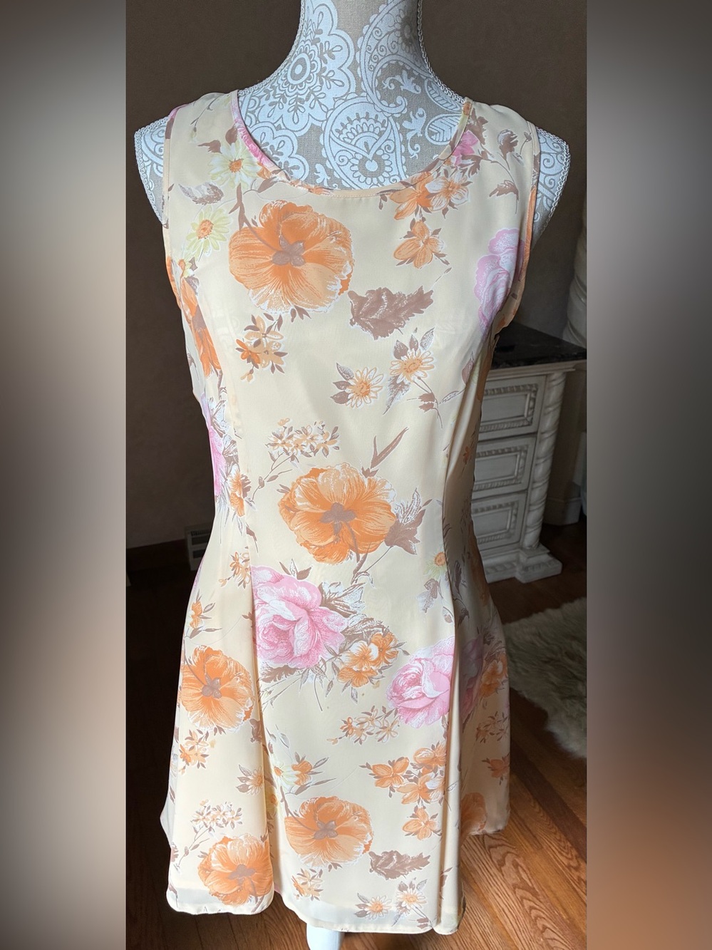 Cream Floral Midi A-Line Chiffon Dress with Orange & Pink Blooms